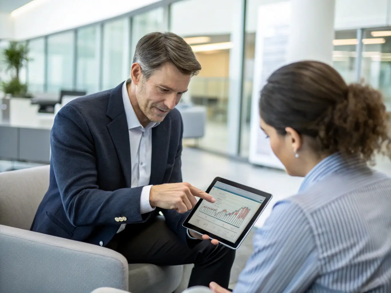 An image of a financial advisor discussing a budget plan with a client using charts and documents, set in a modern office in London, UK.