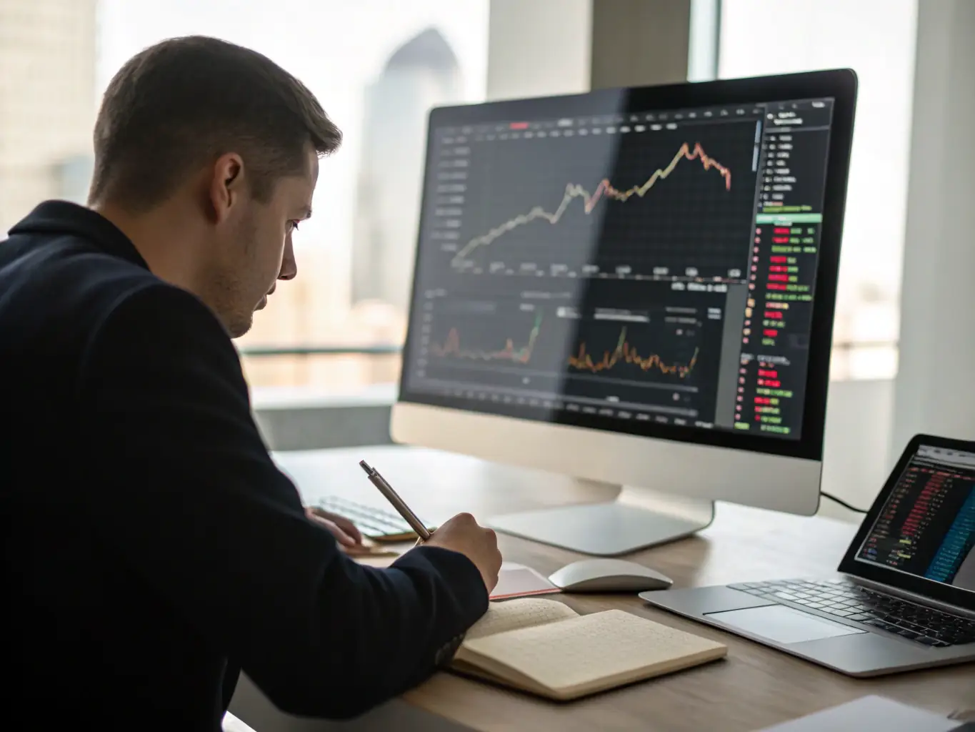 An image of a financial advisor analyzing investment portfolios on a computer screen with UK market data, showing graphs and charts of stock performance.